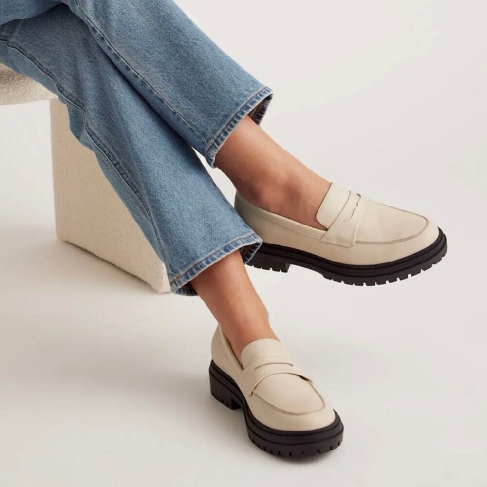 New Quince Women's Italian Leather Lug Loafer Slip-on Shoes Sz 8 Bone Cream